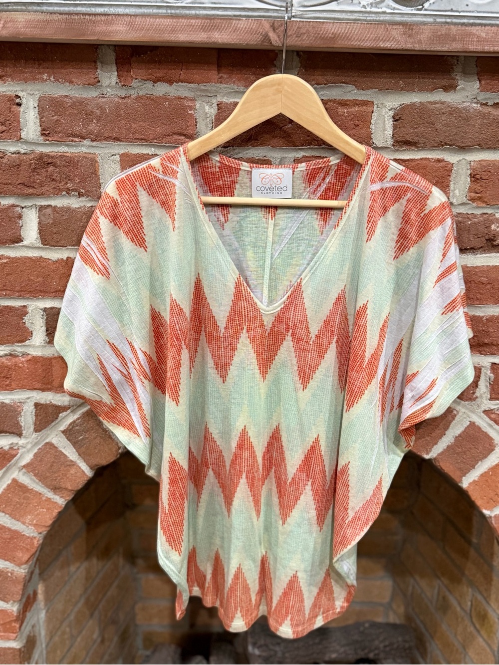 Coveted Clothing Chevron V-Neck Tunic in Coral, Mint & Cream